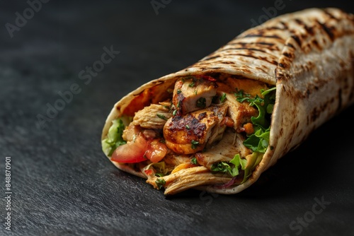 Delicious grilled chicken wrap with fresh veggies on a dark slate background