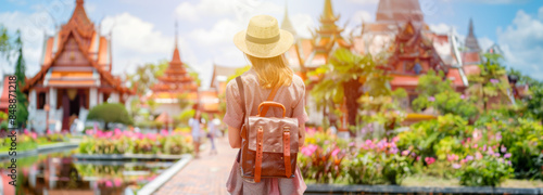Tourist on holiday vacation trips, traveling backpacker, Tourism beautiful destination place Asia, landmark travel Bangkok Thailand