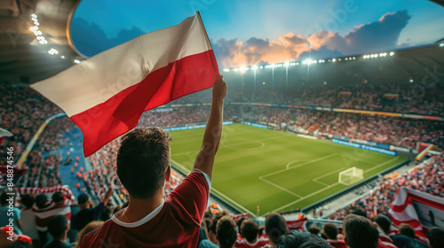 A soccer fan with the flag of Poland at a soccer stadium during a match back view. Concept of 2024 UEFA European Football Championship