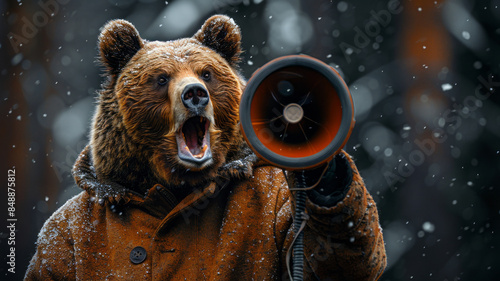 Bear roaring on a megaphone, announces the end of the bullish trend and the beginning of a bearish trend or recession in the stock and cryptocurrency market.generative ai