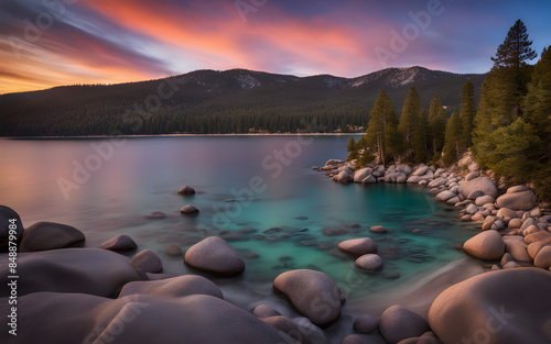 Sunset hues over Lake Tahoe, California, clear waters, peaceful shores, mountain backdrop