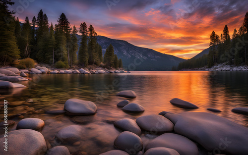 Sunset hues over Lake Tahoe, California, clear waters, peaceful shores, mountain backdrop