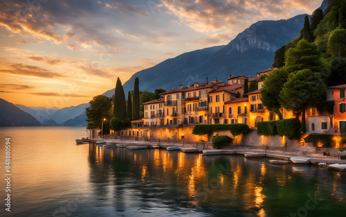 Sunset reflections on the tranquil waters of Lake Como, Italy, elegant villas lining the shore