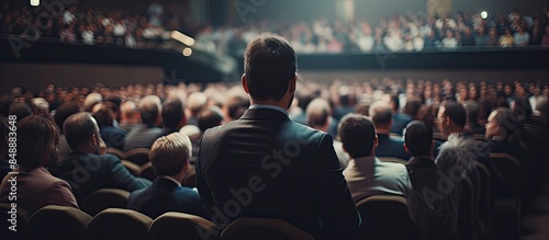 Speaker presenting at corporate business conference in a conference hall with unidentifiable audience members featuring a Business and Entrepreneurship event with copy space image
