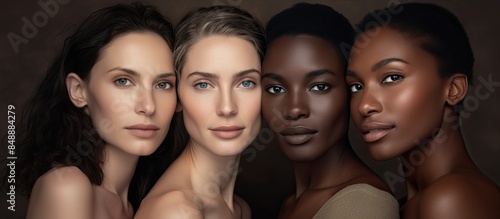 Three diverse women showcase beauty in a portrait with a variety of skin tones and a cohesive background ideal for a copy space image