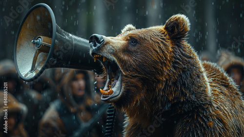 Bear roaring on a megaphone, announces the end of the bullish trend and the beginning of a bearish trend or recession in the stock and cryptocurrency market.generative ai