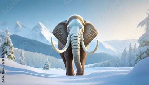 Portrait of a big mammoth in the snow