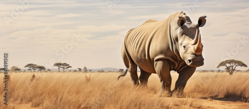 White rhinoceros standing on savannah with a copy space image