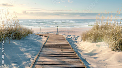 A serene boardwalk leads through sand dunes to a tranquil beach, under a soft pastel sky.