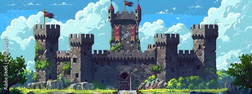 Pixelated Medieval Castle Surrounded by Moat and Banners Against Cloudy Sky