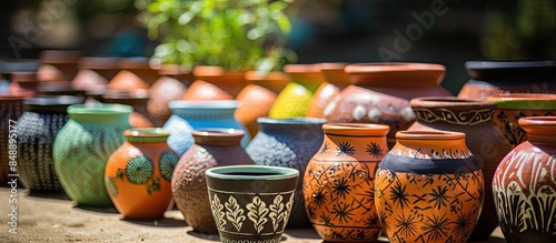 Sell various handmade decorative flower pots with a new ceramic pottery pattern in a garden vase design featuring unique clay handicraft ideal copy space image