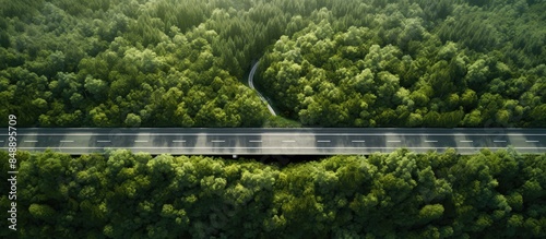 Ecoduct or wildlife crossing a vegetation covered bridge above a highway providing a safe passage for wildlife shown in an aerial top down view with copy space image