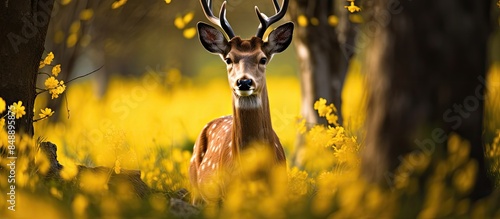 A deer in the spring forest gazing at the camera a wild Capreolus Capreolus with copy space image