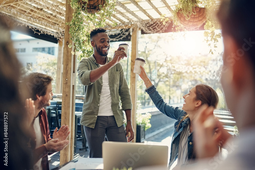 Business people, coffee and cheers with applause for meeting, team building or discussion at outdoor cafe. Young male person or happy group of employees clapping or toast for promotion at restaurant