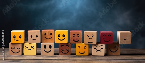 Variety of emotions depicted on wooden cubes against a dark backdrop providing copy space image