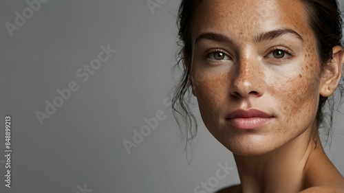 Close-up face of attractive young woman with melasma (hyperpigmentation often caused by hormonal changes) or freckles ( flat skin spots usually caused by genetics and exposure to the sun)