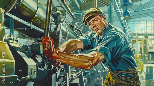 1930s Propaganda Poster of Worker in a Factory 