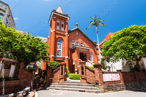 Redbrick building view of Tamsui Church in New Taipei City, Taiwan. The church was built in a mock-Gothic style.