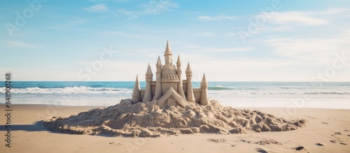 Beach sculpture of sand castle with a vast copy space image