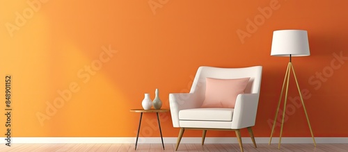 An inviting armchair with a table beside it and an empty poster on a colorful wall ideal for adding text or images in the copy space image
