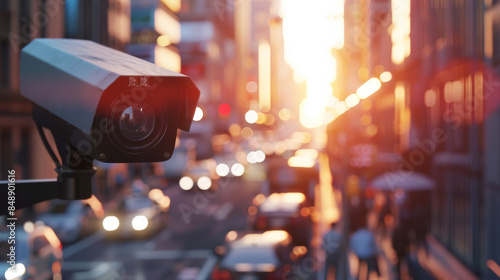 A security camera overlooking a busy urban street bathed in warm, golden hour light, signifying urban vigilance.