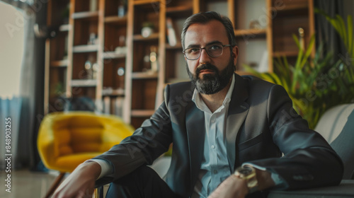 A portrait of a bearded man in a sharp suit seated in a stylish, modern room with wooden shelves, plants, and subdued lighting that enhances his sophisticated look.