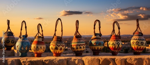 Traditional Turkish pottery displayed in Cappadocia against a sunset backdrop with a row of clay jugs hanging on a wire creating a picturesque scene with a copy space image