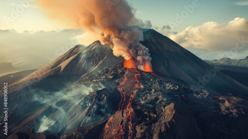 A wide shot captures a majestic mountain spewing smoke, with vibrant rivers of molten lava flowing down its slopes under a clear, adventurous sky.