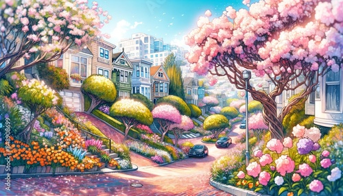 A charming scene of San Francisco’s Lombard Street in Spring, with blooming flowers, houses and lush greenery