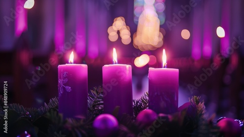 Four votive candles, bathed in a serene purple glow, illuminate a church interior, their flickering flames casting a warm, spiritual light against an abstract, defocused background.