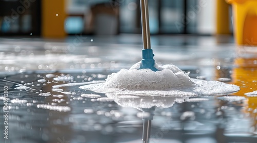 Close-up of mop cleaning wet floor with soapy water in modern interior environment cleaning hygiene