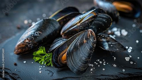 Close-up of fresh mussels sprinkled with salt on dark wet surface seafood cuisine