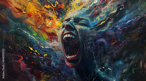 vibrant abstract figure with a scream surrounded by swirling colors