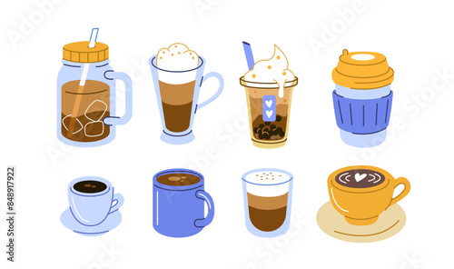 Various cold and hot coffee drinks set. Collections of espresso, americano, cappuccino, bubble coffee and other types of beverages in cup, paper mug and glass. Vector illustration.