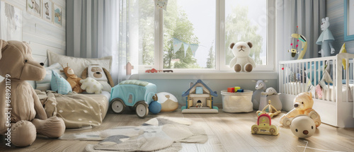 A cozy and playful child's room filled with soft, cuddly stuffed animals, a toy car, and various other toys, basking in the gentle sunlight from a large window.