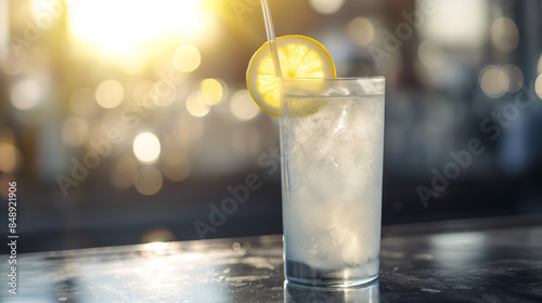 Tom Collins cocktail in glass, refreshing colorful alcohol drink
