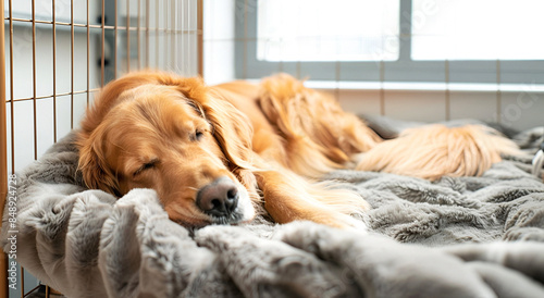 Golden retriever enjoying comfort in a dog hotel