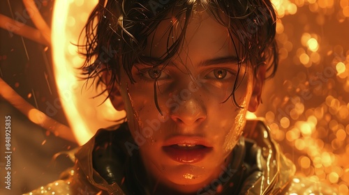 Young Man With Wet Hair Stands Before a Fiery Background