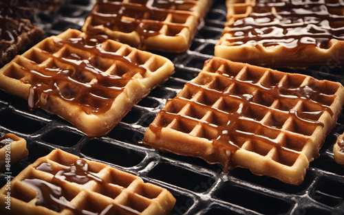 Belgian liege waffles, pearled sugar, melted chocolate