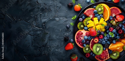 Vibrant and appetizing fruit platter arranged beautifully on a contrasting dark background, ideal for healthy lifestyle, food blogs, and culinary concepts
