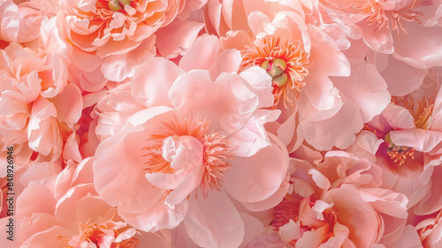 Flowers background in the color of the year Peach fuzz. Aesthetic minimalist photography for social media, faceless digital content marketing.