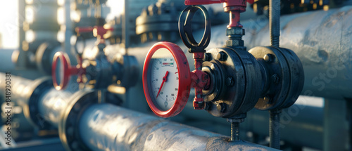 Highly detailed, close-up view of industrial pressure valves and gauges on pipelines, indicating precision engineering.