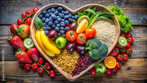 Vibrant still life of a heart-shaped bowl overflowing with fresh fruits, colorful vegetables, and wholesome grains, symbolizing a nutritious diet for optimal heart health.