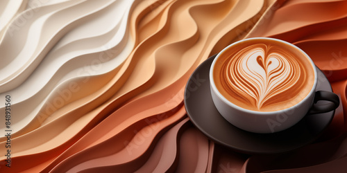 Abstract 3D coffee background, a cup of coffee against a background of soft waves and lines in brown tones, latte art, top view 