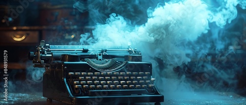 Retro typewriter emitting smoke, nostalgic and dramatic, detailed, moody lighting 8K , high-resolution, ultra HD,up32K HD