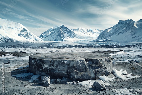 A rugged stone podium in a glacial landscape, with snowcapped peaks in the distance