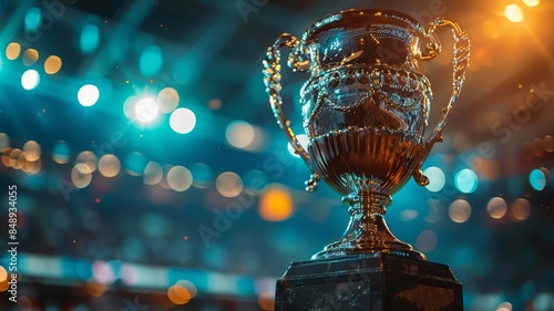 Golden Trophy in a Blurred Stadium Spotlight