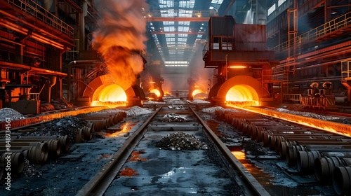 Intense Heat and Glowing Steel at a Modern Steel Manufacturing Plant with Furnaces and Rolling Mills