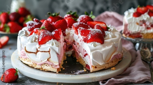 Strawberry yogurt topped meringue cake shown in a sliced form