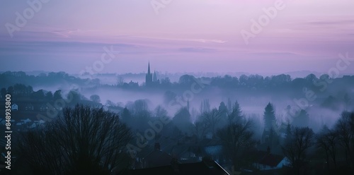 Misty morning sky over an English town, with silhouettes of trees in foreground and church spire far away. In monochrome blue, purple and grey color scheme.
